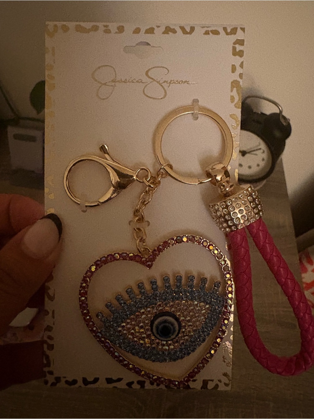 Jessica Simpson Hot Pink Braided Heart Evil Eye Keyring with Gold Hardware